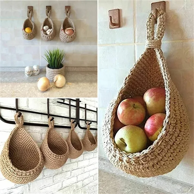 XS-XXL Wall-mounted Sundries Storage Bag Hanging Wall Vegetable Fruit Baskets Organize Bag Jute Eco Teardrop Kitchen Organizer