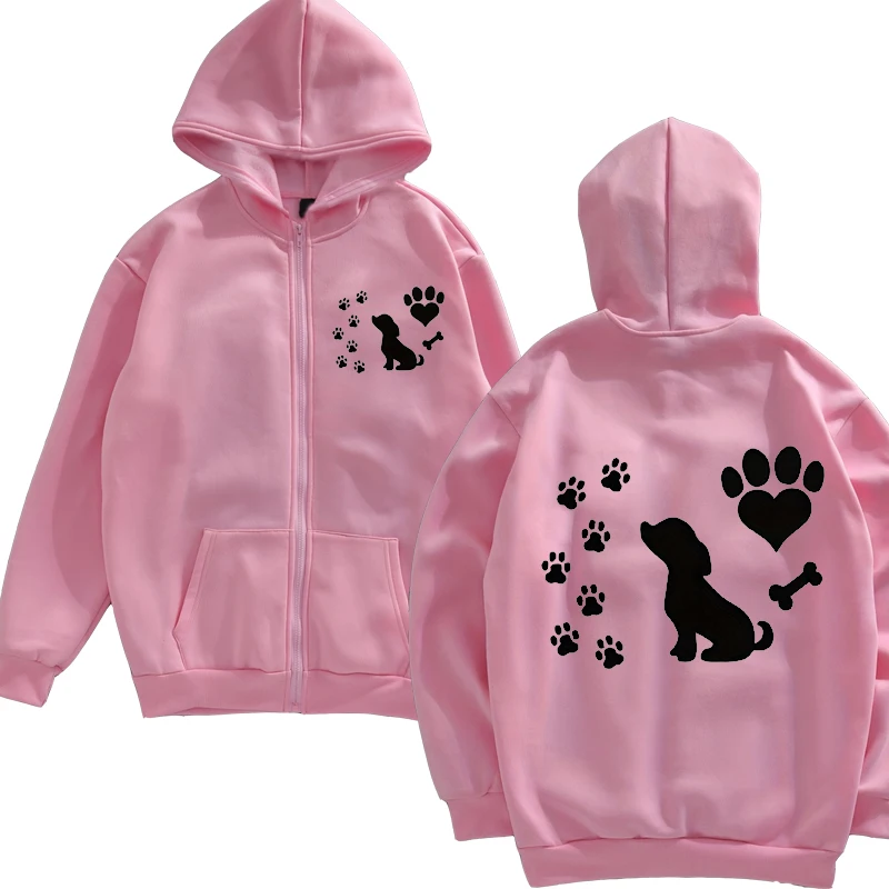 女性シックなジップパーカーファッション秋冬フリースフード付きトップ面白い犬と足カジュアルファッションレディースパーカースウェットシャツジッパー