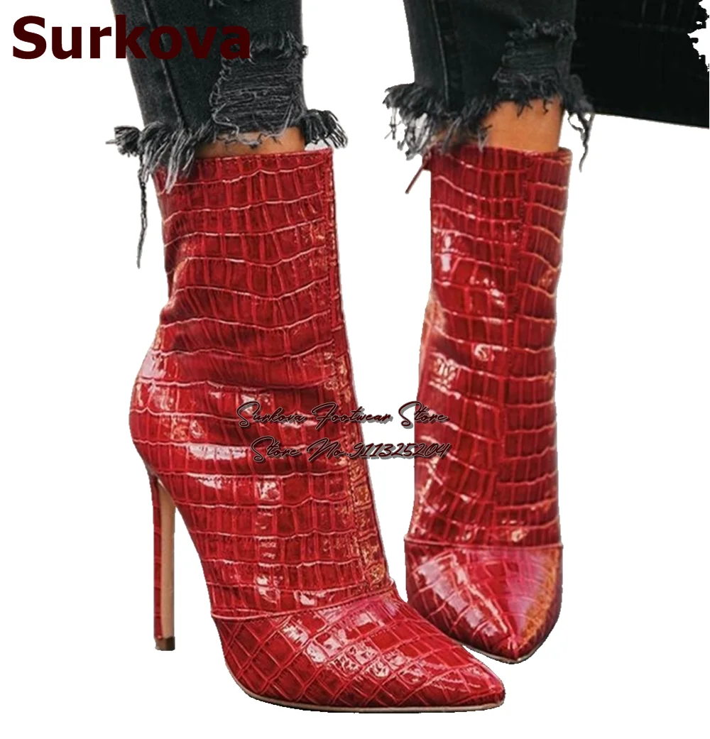 Surkova Red Black Crocodile Pattern Ankle Boots Snakeskin Stiletto Heel Pointed Toe Motorcycle Boots Women Sexy Short Booties