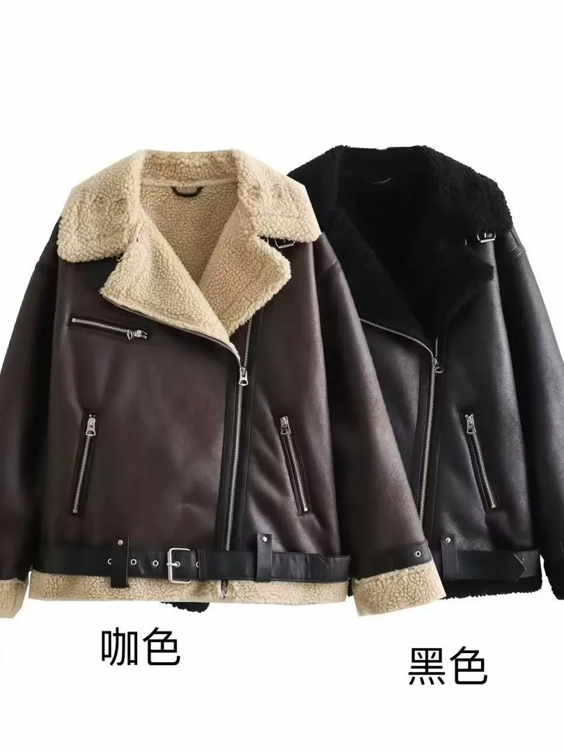 

Thick faux leather lambswool jacket ladies fall winter 2024 lapel vintage single-breasted coat ladies pocket warm street jacket