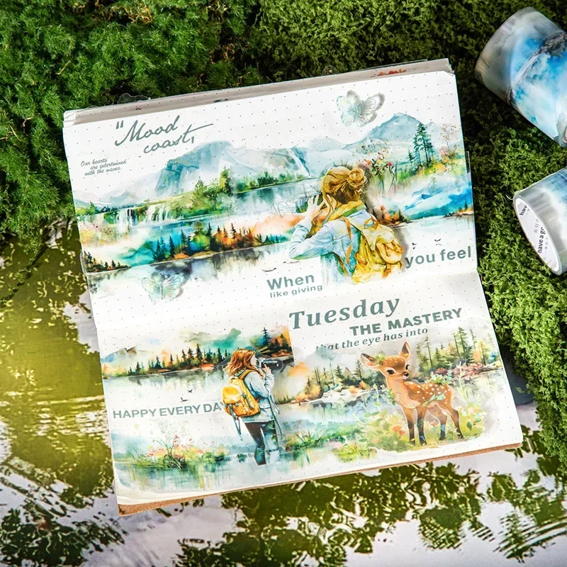 산림 조경 pet 테이프, 물에 반사 DIY 스티커, 콜라주 재료 스크랩북 컷, 50mm * 2m, 1 롤