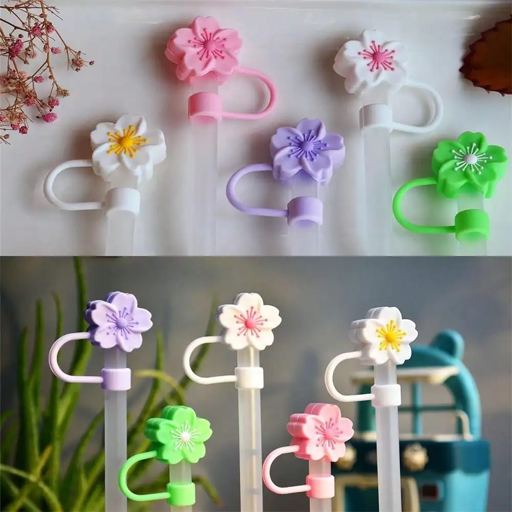 5PCS Hat Straw Covers for Stanley Cups cherry blossom Accessories Cute Silicone Straw Toppers Caps Dust-Proof Reusable Straw