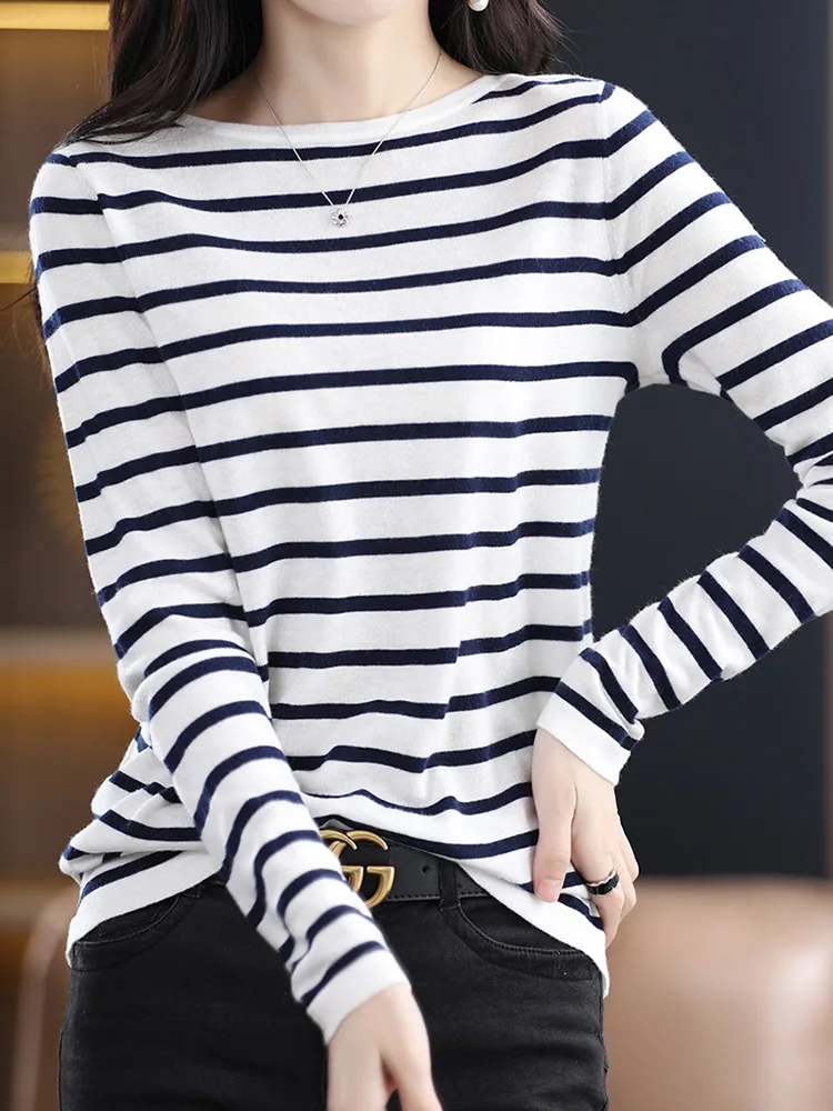 

High Quality Women's Long Sleeve T Shirt O-Neck Spring Autumn Striped Worsted Wool Casual Shirts Female Pullover Tee Y2k Tops