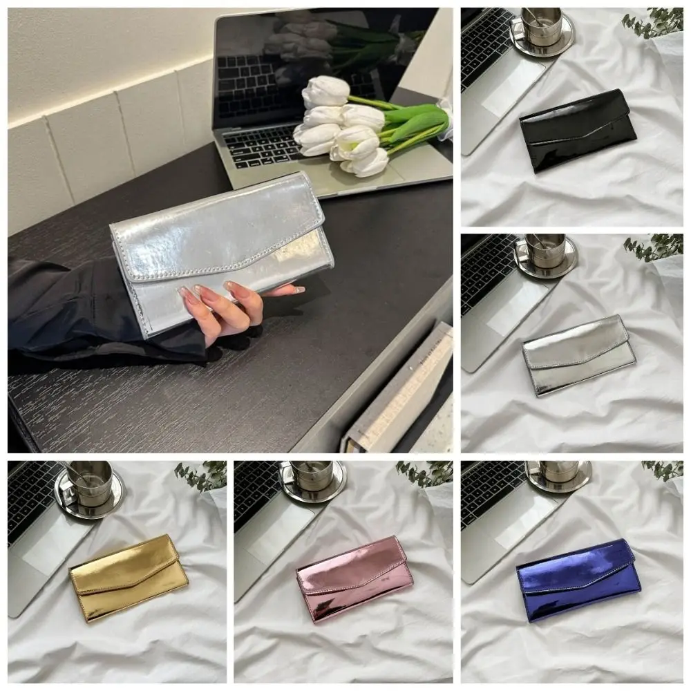 Casual Pu Leather Envelope Evening Bag Large Capacity Functional Triple Flod Long Wallet Shiny Korean Style Handheld Bag Women