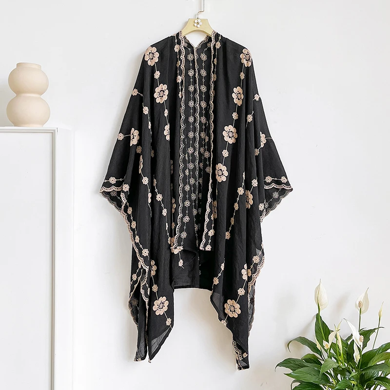 Ethnic Floral Lace Batwing Sleeve Cape Poncho Cloak, Open Front Irregular Shawl, Women Summer Beach Vacation Cover Up