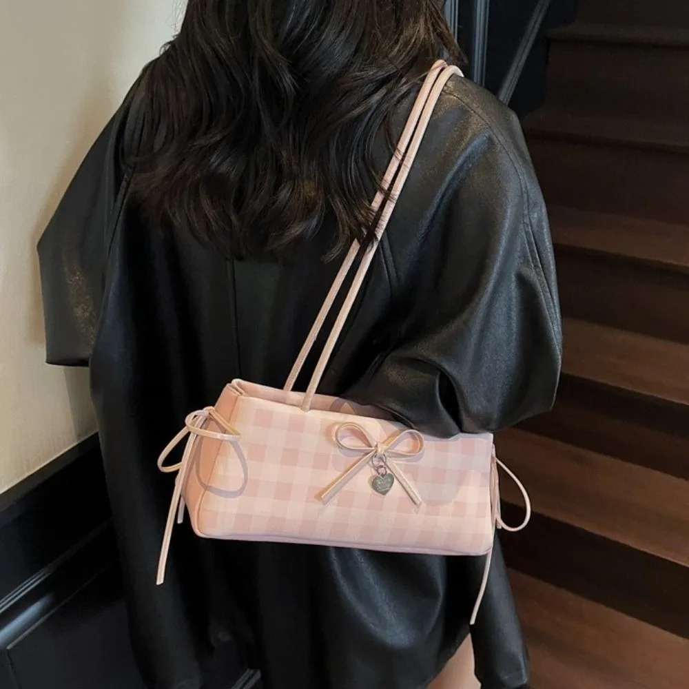 

Sweet Plaid French Stick Handbag Y2K Korean Style PU Shoulder Bag Waterproof High Quality Bow Underarm Bags School