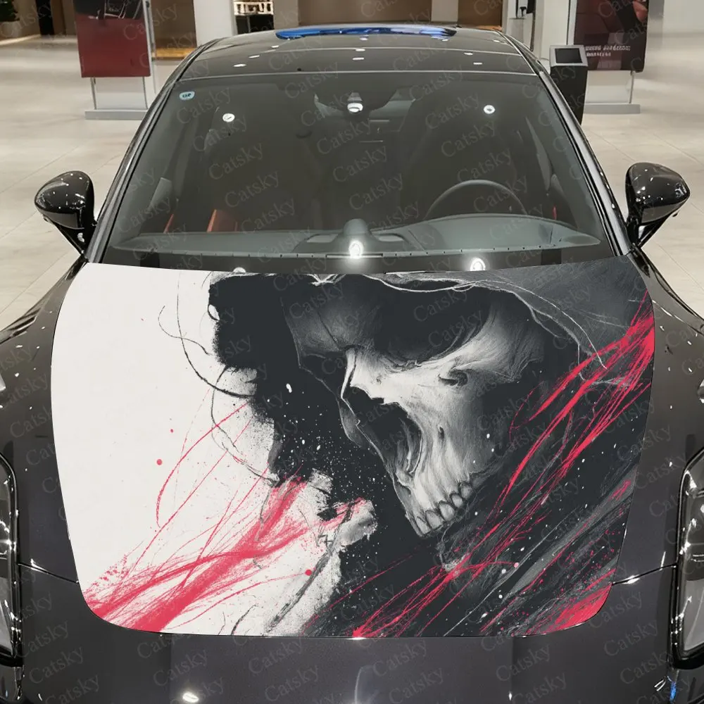 Red Ink Splatter Reaper Skull Car Vinyl Wrap, PVC Waterproof Car Hood Sticker, Self-Adhesive Scratch-Resistant Stickers