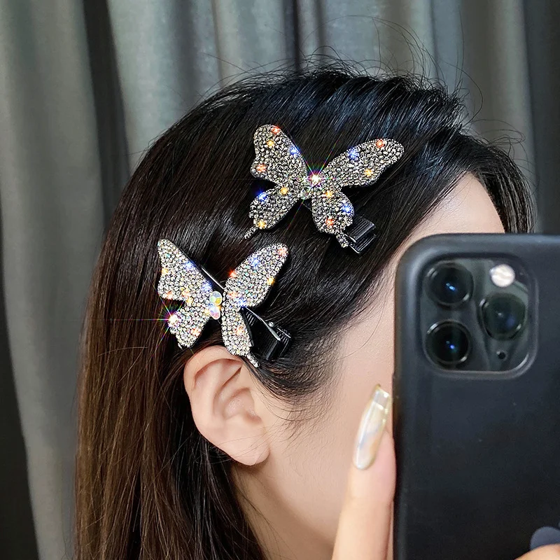 

2pcs/set Flashing Diamond Hair Clips Hairpin Side Clip Rhinestone Butterfly Bangs Clip Side Clip Girl Hair Accessories Headdress