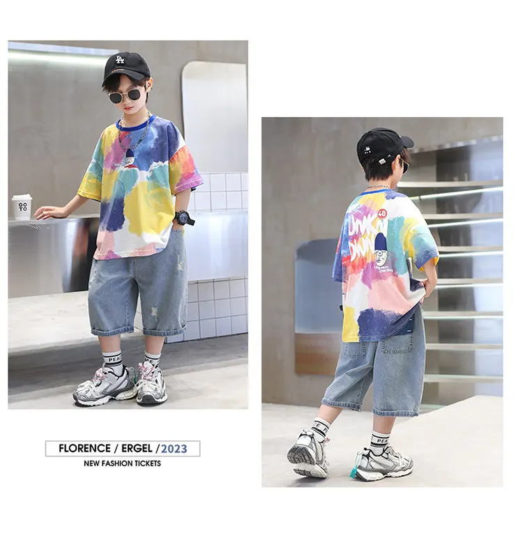 Sommer Tie-Dye Coole Kinder Jungen Freizeit-Oberteile Bedrucktes Trendiges Kinder-T-Shirt Kurzarm Teenager-T-Shirts Baumwoll-T-Shirt 4-14 Jahre Alt – Detail 4