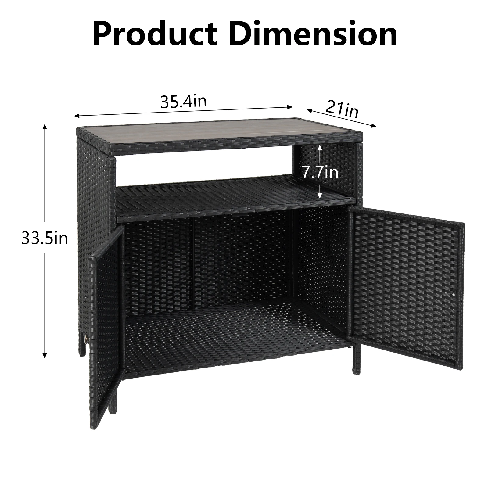 Outdoor Wicker Storage Cabinet Versatile Patio Bar Table with Spacious Tabletop,Open Shelf,Enclosed Cabinets, Weather-Resistant