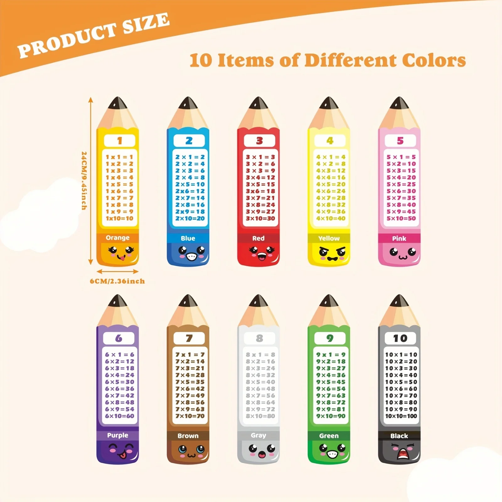 10 Color Pencil Shaped Magnetic Multiplication Mnemonic Word Card, 1 * 10 To 10 * 10 Multiplication Mnemonic Learning Se