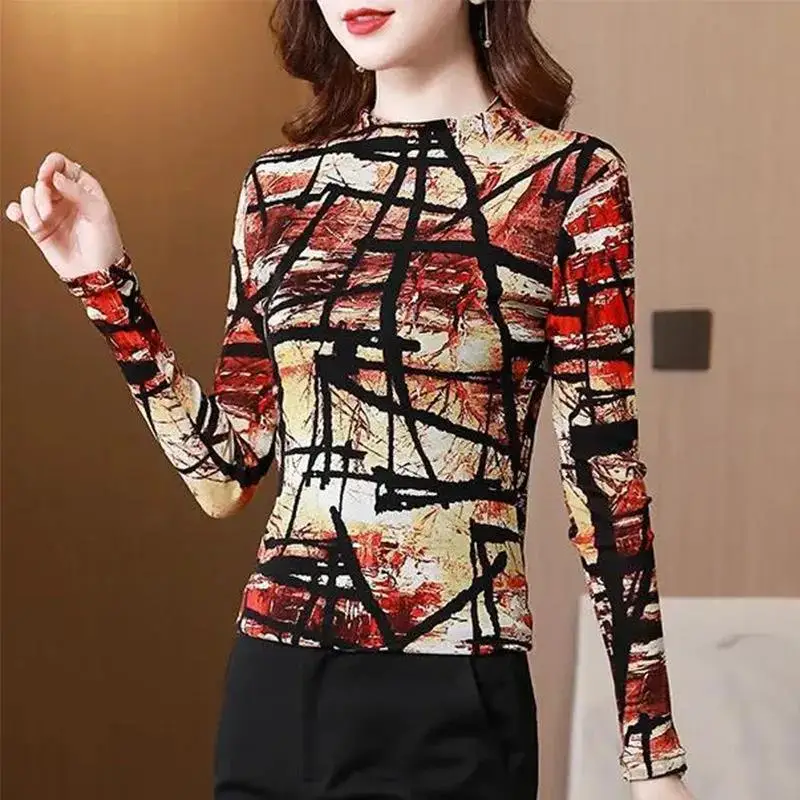 Autumn and Winter Women\'s Pullover Round Neck Patchwork Printing Slim Underlay Fashion Casual Elegant Commuter Long Sleeve Tops