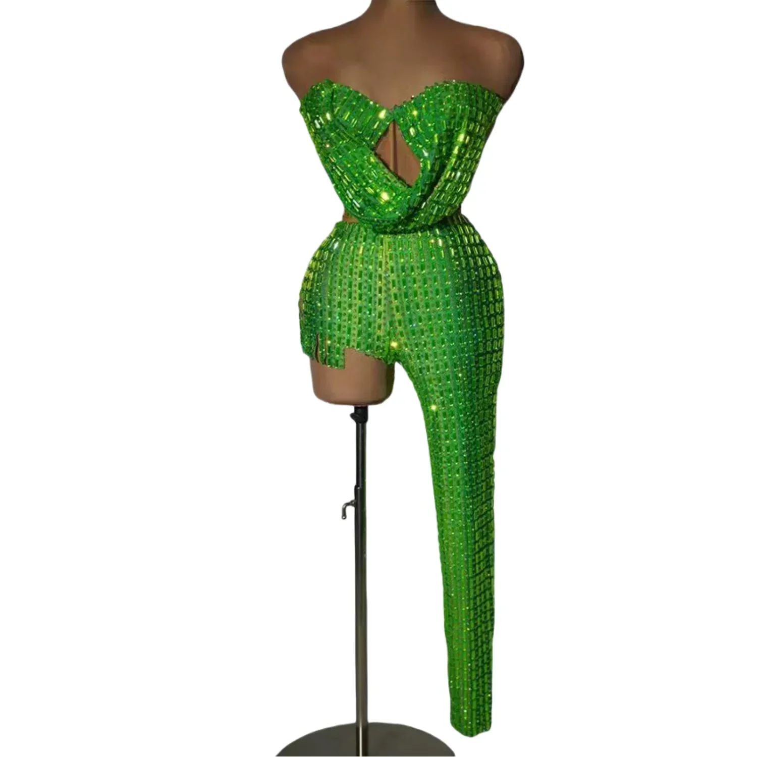 Women Green Diamonds Top+Pants 2-Pc Set Evening Party Nightclub Cheerleader Homecoming Celebrate Las Vegas Show Drag Queen Wear