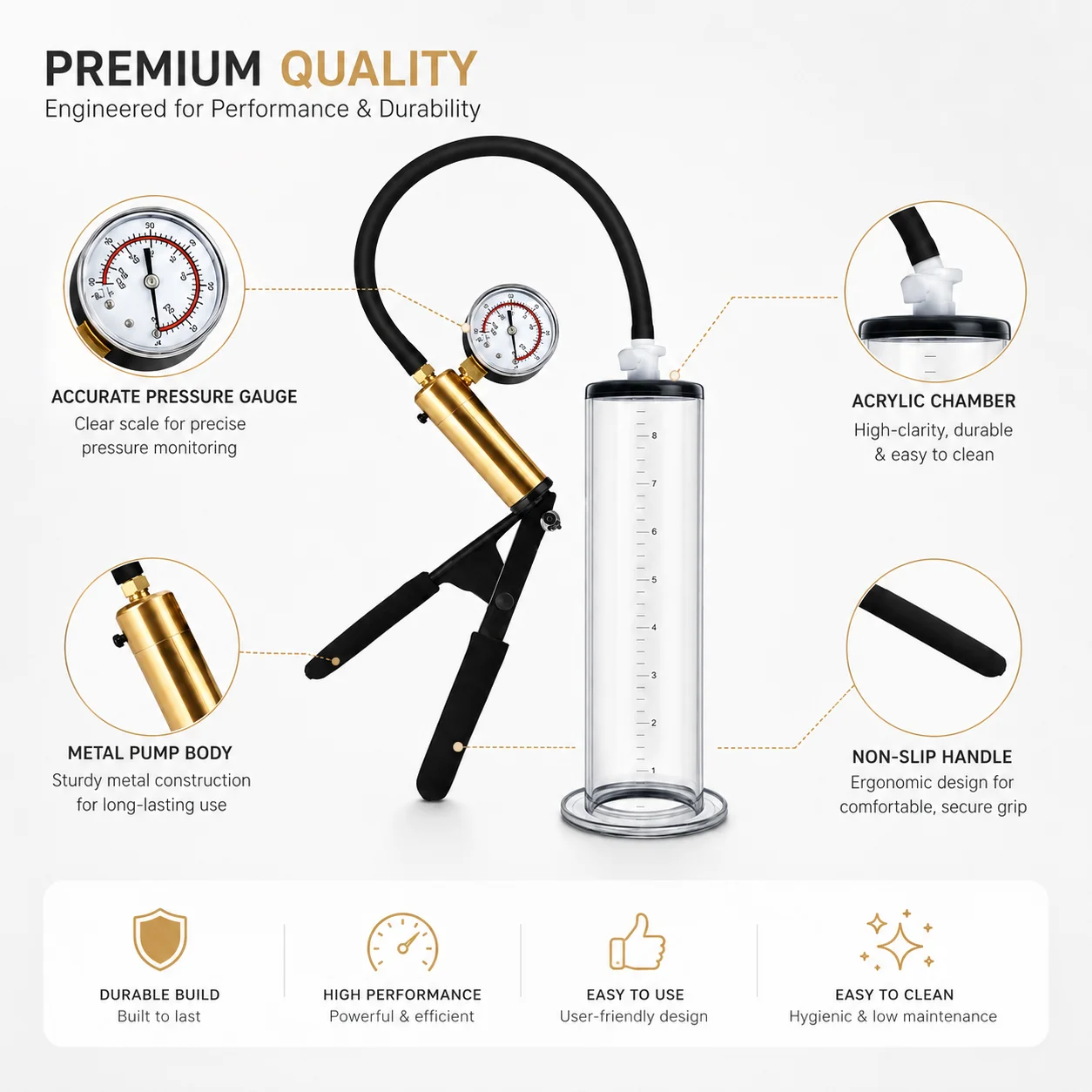 Men Manual Vacuum Pump Trainer Kit with Clear Acrylic Cylinder, Black Hose, Metal Pressure Gauge and Hand Suction Control view 4