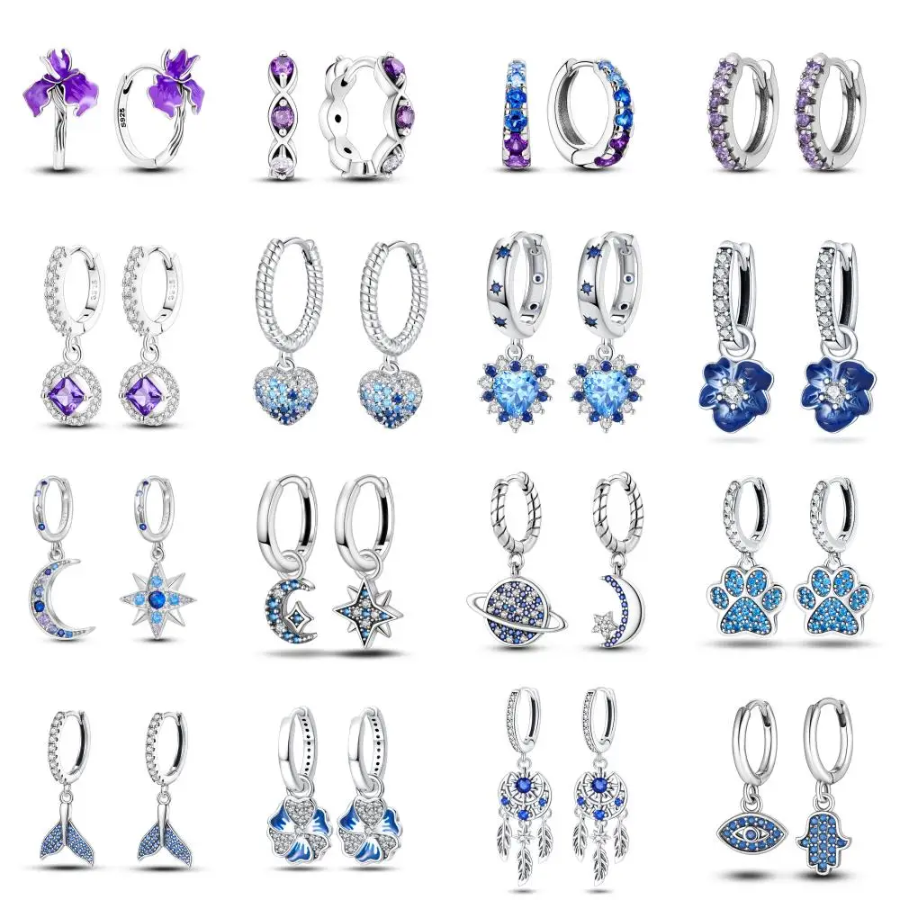 Tropfenohrringe aus 925er-Sterlingsilber, Blau-Lila-Serie, für Damen, Liebesherz, Stern, Mond, Creolen, Hochzeit, Schmuck, Geschenk, Zubehör