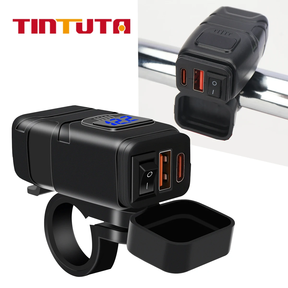 Cargador rápido para motocicleta de 12V, puerto USB dual tipo C QC3.0, resistente al agua con voltímetro, interruptor, adaptador de fuente de alimentación para montaje en manillar