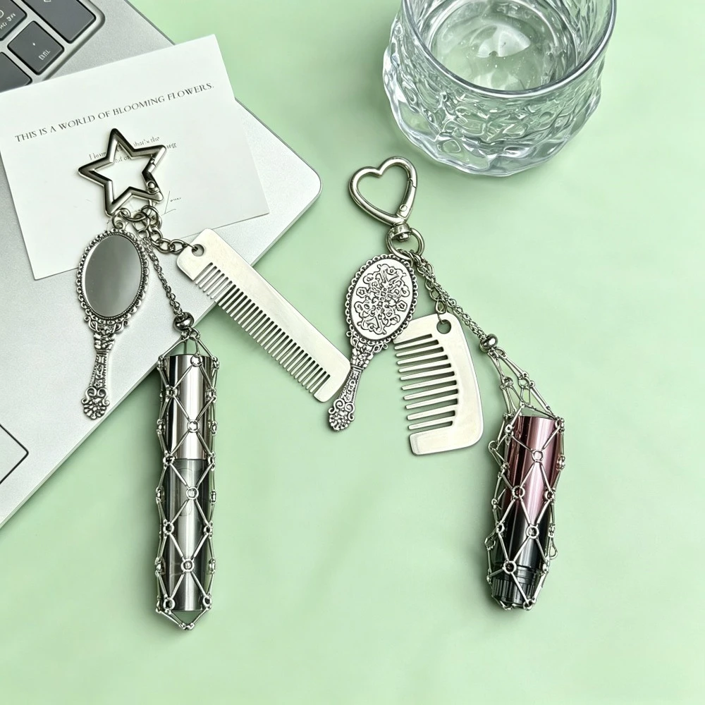 Vintage Metal Mesh Lipstick Bag Keychain Portable Net Pocket Pendant with Mirror Mini Comb Key Ring Multi-functional Gift Woman view 6