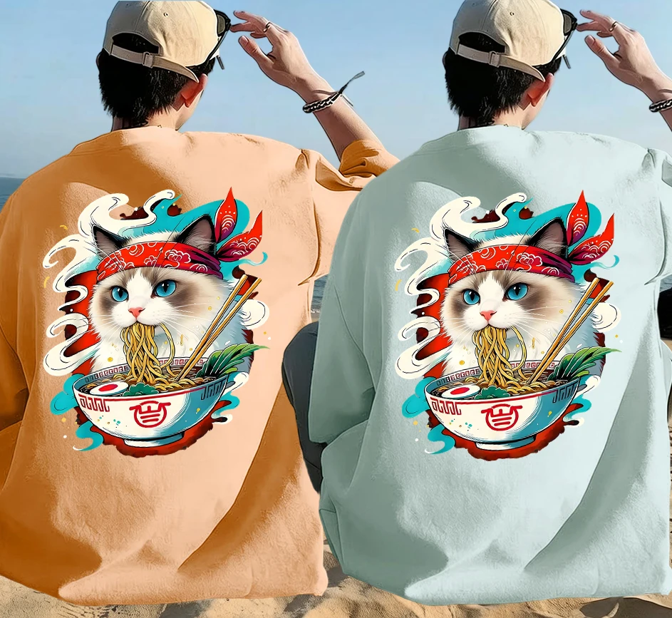 

Cat Fighting With Lamian Noodles Print Cotton Summer Thin Clothing 2Pc Set Male Youth Beach T Shirt Hip Hop Street Short Sleeve