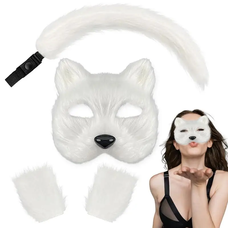 

Cat Mask And Tail Set Halloween Cosplays Costume Accessorie Cats Mask Tail Half Face Faux Furs Foxes Tail Cats Mask