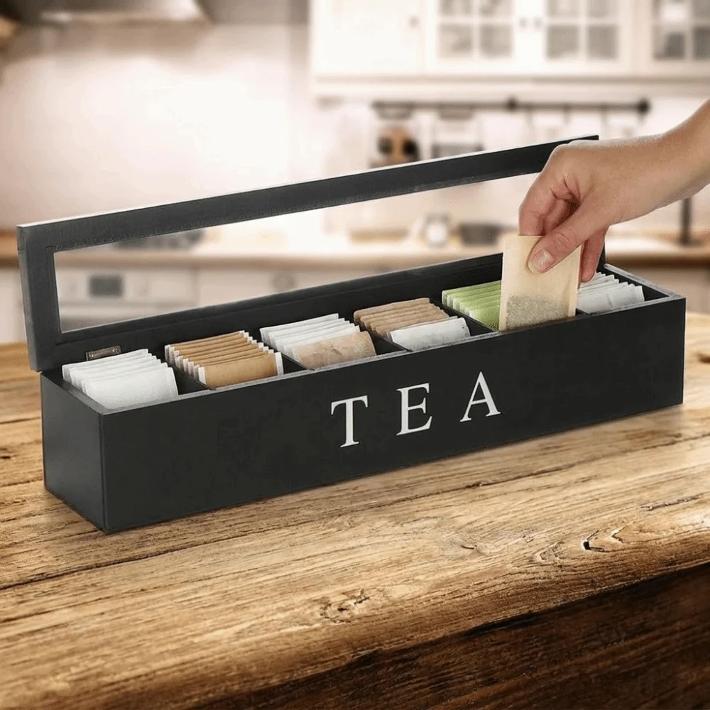 

Wooden Tea Bag Storage Box Flip Style Large Capacity Coffee Capsule Storage Box with Dividers Clear Window