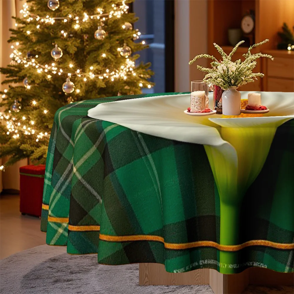 1 tablecloth, Christmas theme, elegant calla lilies dotted with festive green plaid