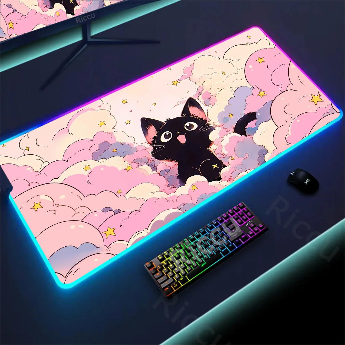

RGB Mousepad Pink Cloud Cat Cartoon Deskmat LED Backlight Gaming Keyboard Rug Computer Office Accessories Anime Mouse Pad