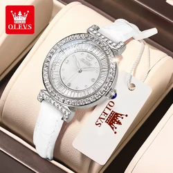 OLEVS 9983 Full Diamond Quartz Watch for Women Leather Strap Waterproof Luminous Clock Luxury Elegant  Ladies Dress Wristwatches