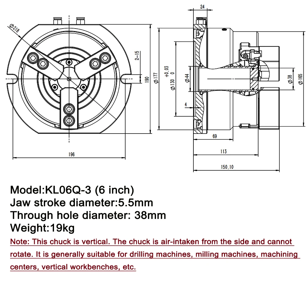 Hollow pneumatic chuck 6 Inch  vertical 3 jaw Through Hole 38mm air chuck for drilling machine and milling machine platform