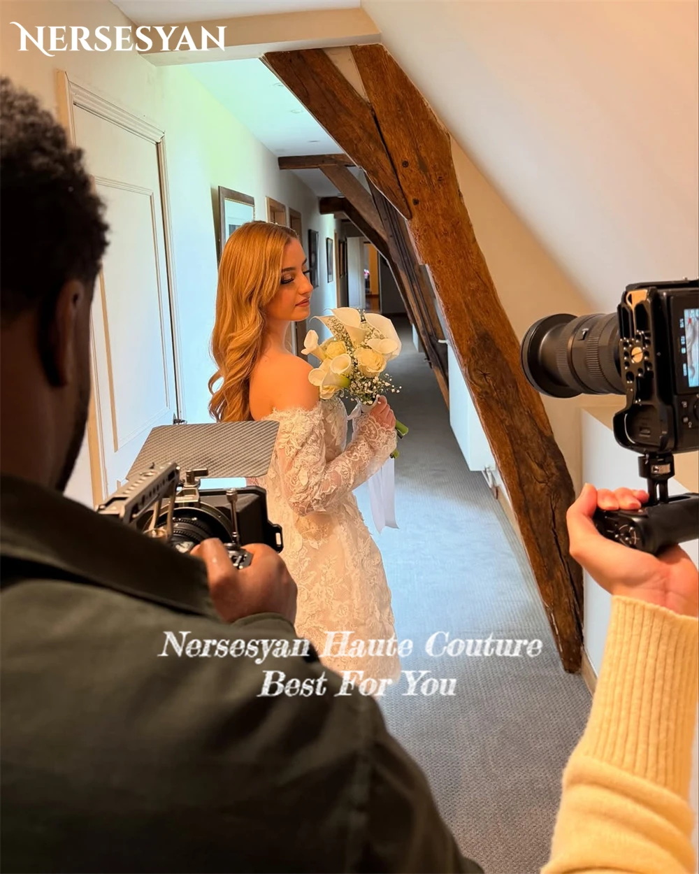 Nersesyan Boho 레이스 미니 웨딩 드레스 오프 숄더 Applqiues 긴 소매 신부 드레스 신부 게스트 파티 가운 맞춤형