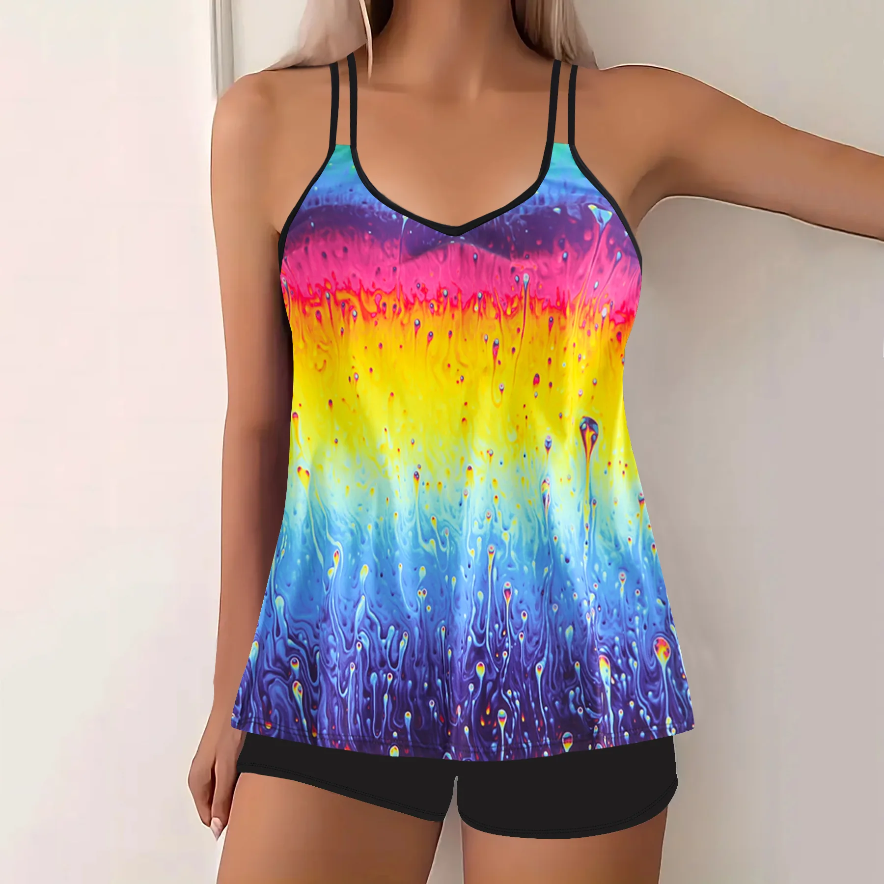 2025 Fashion Modest Tankini Set Floral Print Swimwear Summer Vest T-Shirts Summer Holiday Solid Black Shorts Sets Womens Ropa