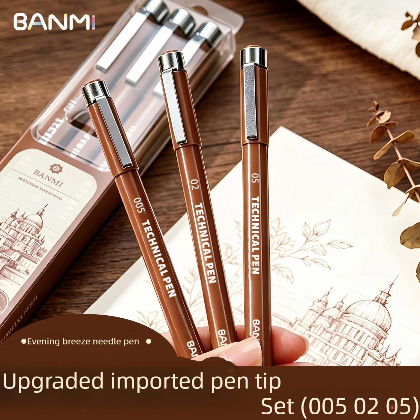 BANMI Fineliner Pen Waterproof Brown Ink Gel Pen 005/02/05 Tip Technical Pen for Sketching Drawing School Supplies Stationery