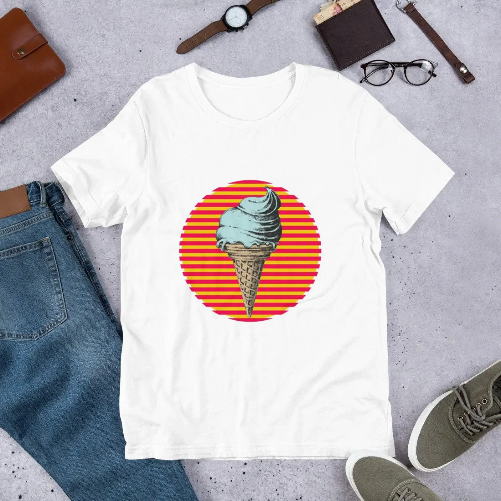 Retro Blueberry Ice Cream Cone T Shirt Lover Summer Vibes Casual Vacation  vintage Washed Versatile homme Stretched Unisex