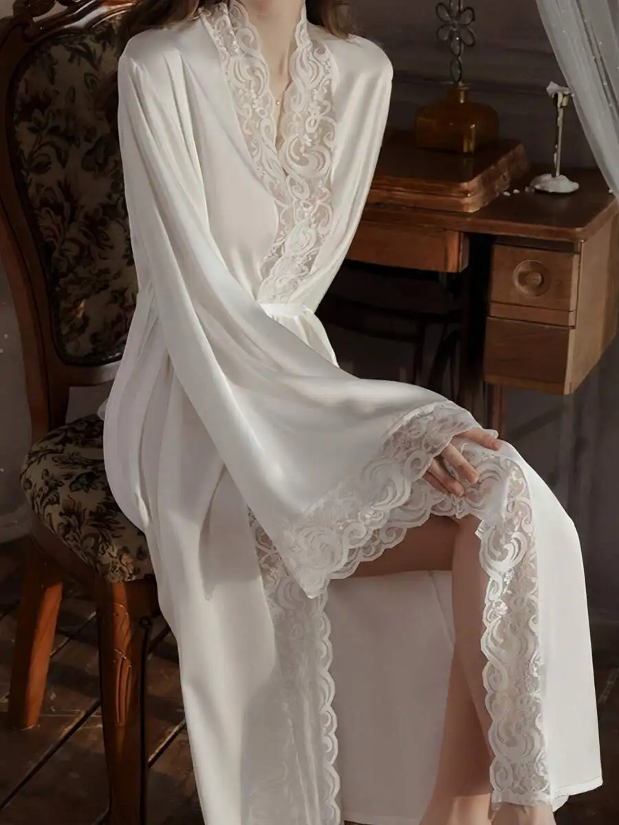 

Elegant Satin Robe With Lace Trim Bell Sleeves Belted For Women