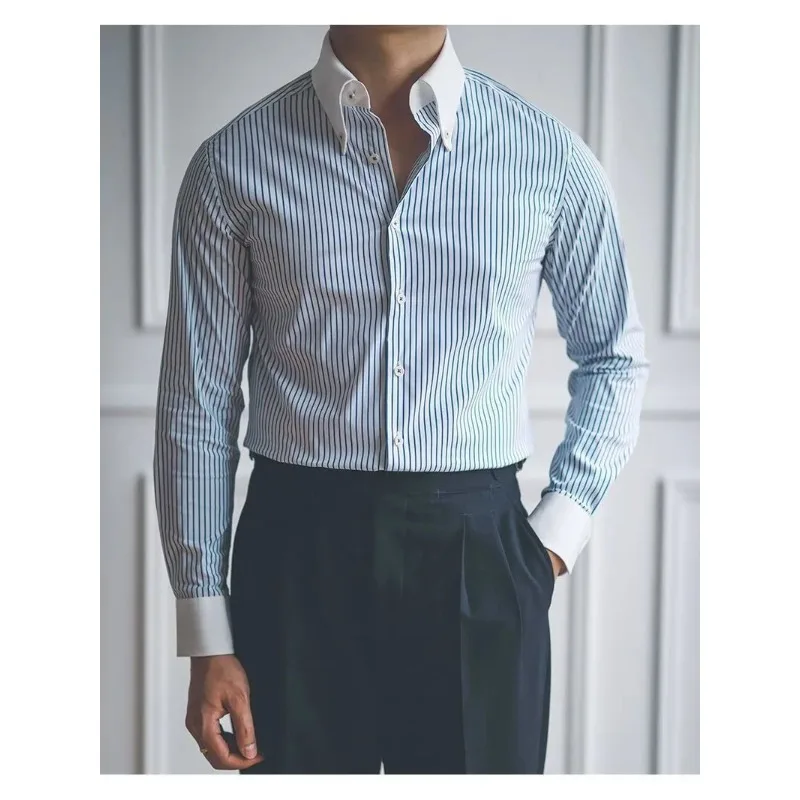 

Casual Striped Shirt Men's Long Sleeves Spring and Autumn New Retro Pointed Neck Anti-wrinkle Top Business Versatile White Shirt