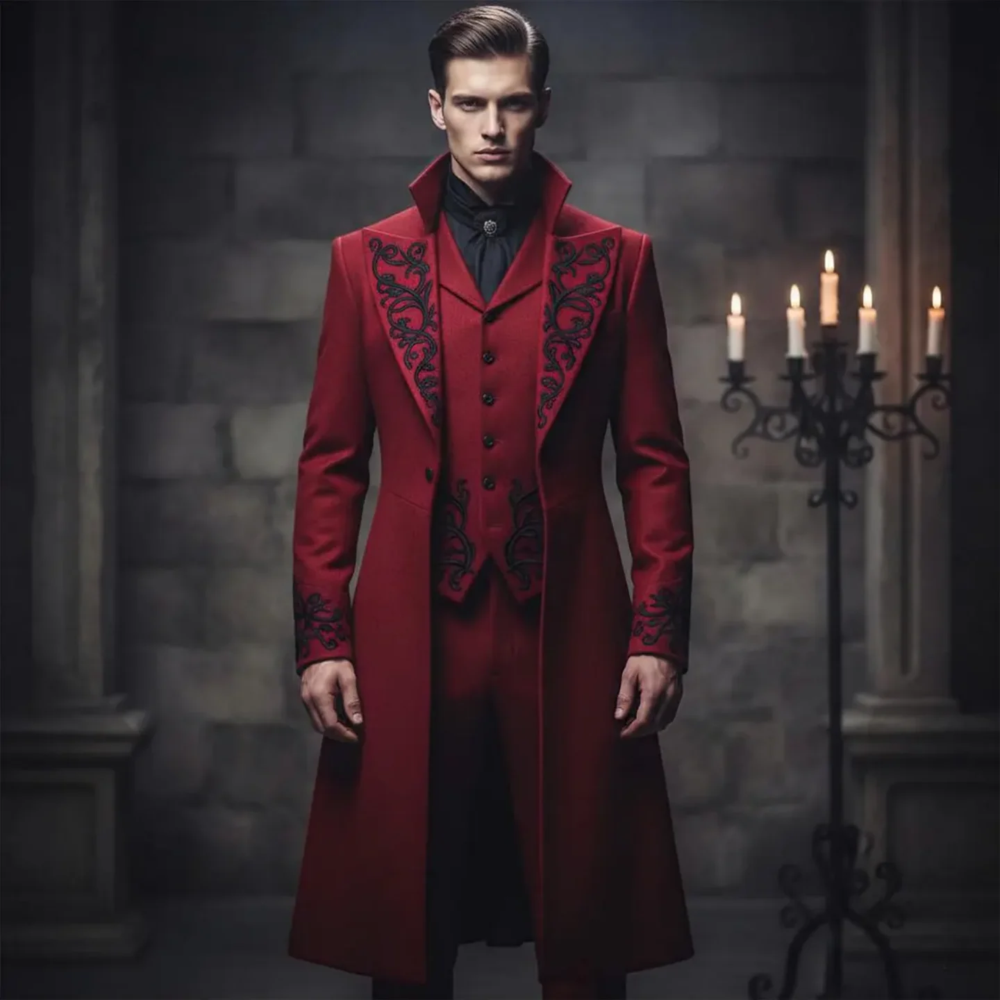 3 Pieces Men Gothic Vampire Outfit Long Stand Collar Coat Black Scroll Embroidery Matching Waistcoat And Pants Suits Customized