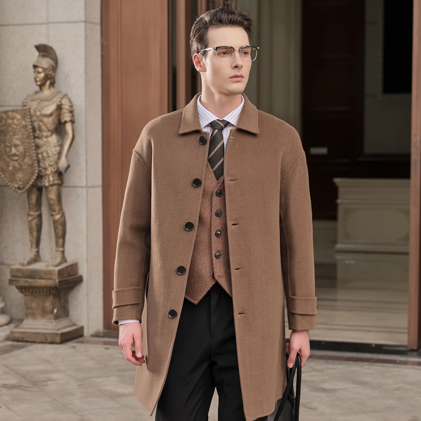 الكلاسيكية الفرنسية الرجال معطف من قماش الكشمير منتصف طول نمط ميرينو معطف الصوف واحدة الصدر الديكور معطف الأعمال عالية الجودة #6