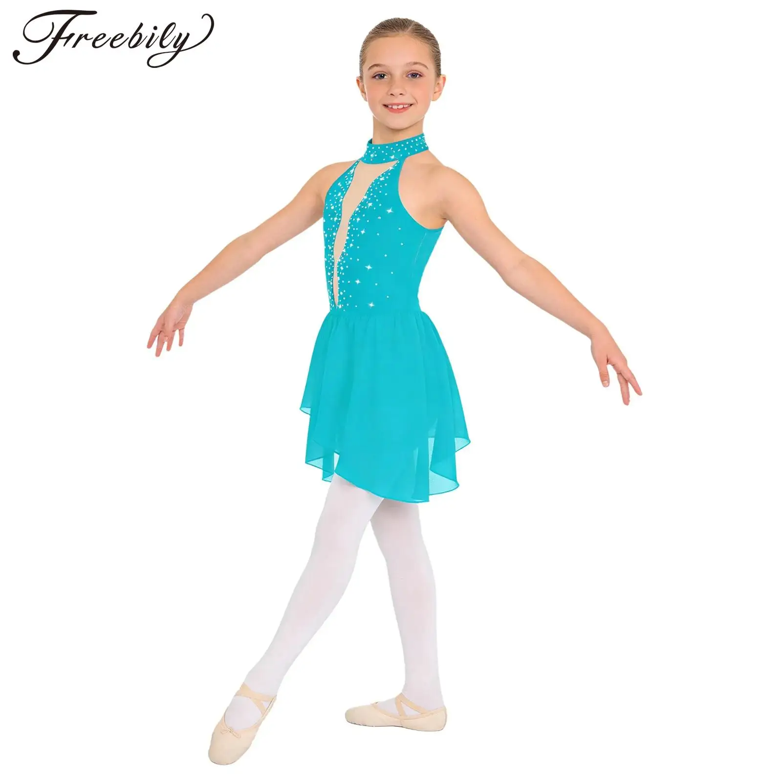 Kids Girls Lyrical Contemporary Dance Dress Rhinestone Sleeveless Sheer Mesh Ballet Jersey Figure Skating Gymnastics Leotard