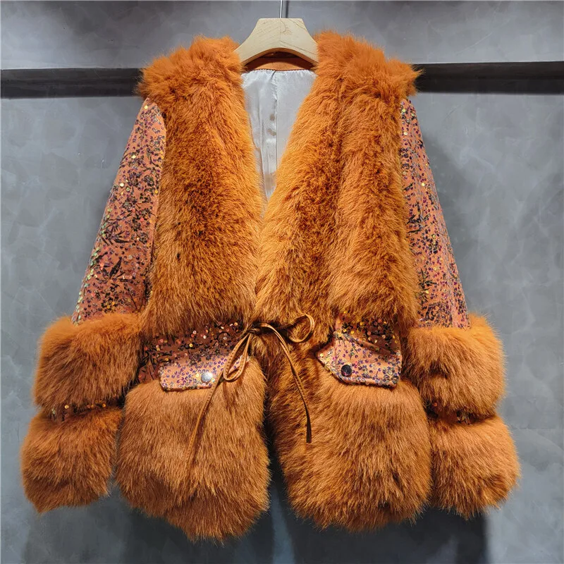 DEAT Women's Faux Fur Coat Lace-up Solid Color Thick Luxury Sequins Spliced Eco-friendly Fur Jacket 2024 Winter New Fashion