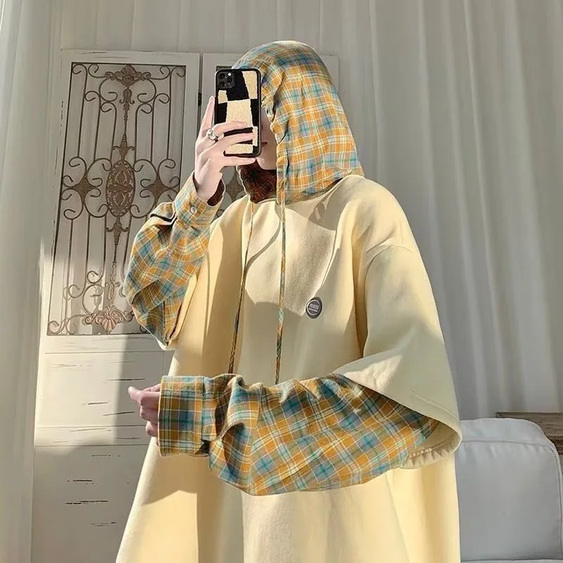 2025 Autumn New Fake Two Piece Men's Hoodie Korean Fashion Harajuku Casual Loose Men's Hoodie Pullover Sweatshirt Streetwear