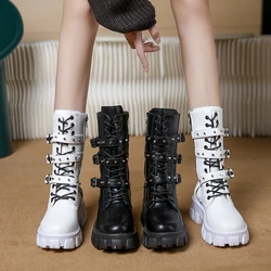 Goth Boots Woman Winter 2022 WOMEN ANKLE BOOTS Platform Shoes Sneakers Studded Belt Buckle Punk Army Chunky Heels Mid Calf Boots