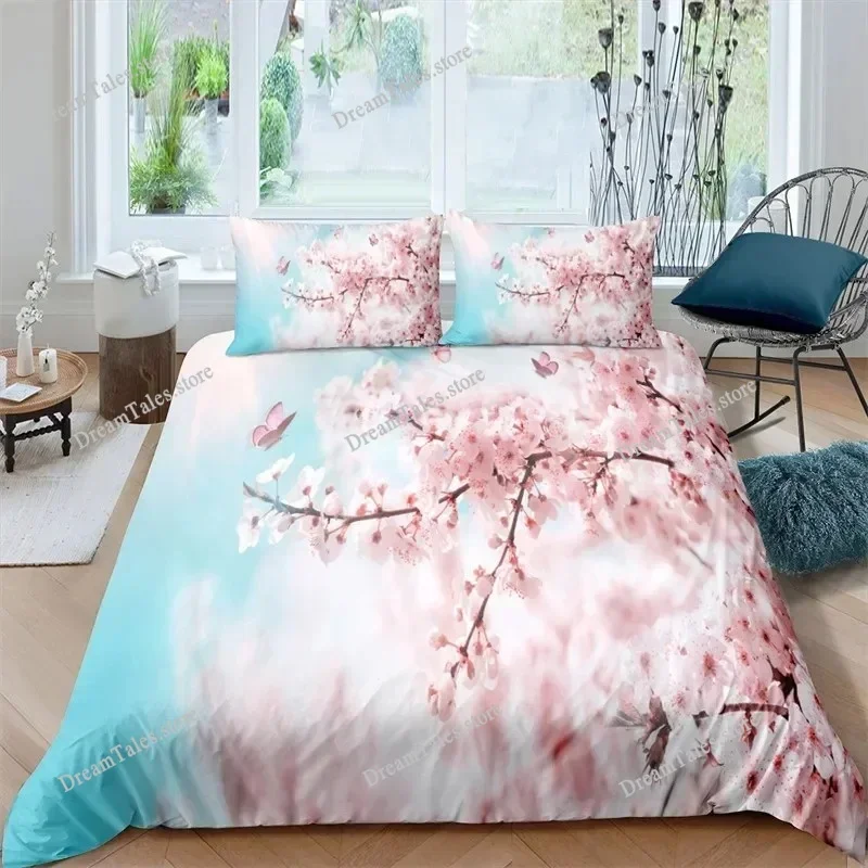 

Duvet Cover Set Plum Blossom King Pink Flower Quilt Cover for Girls Microfiber Branches Printed Japanese Ink Style Bedding Set