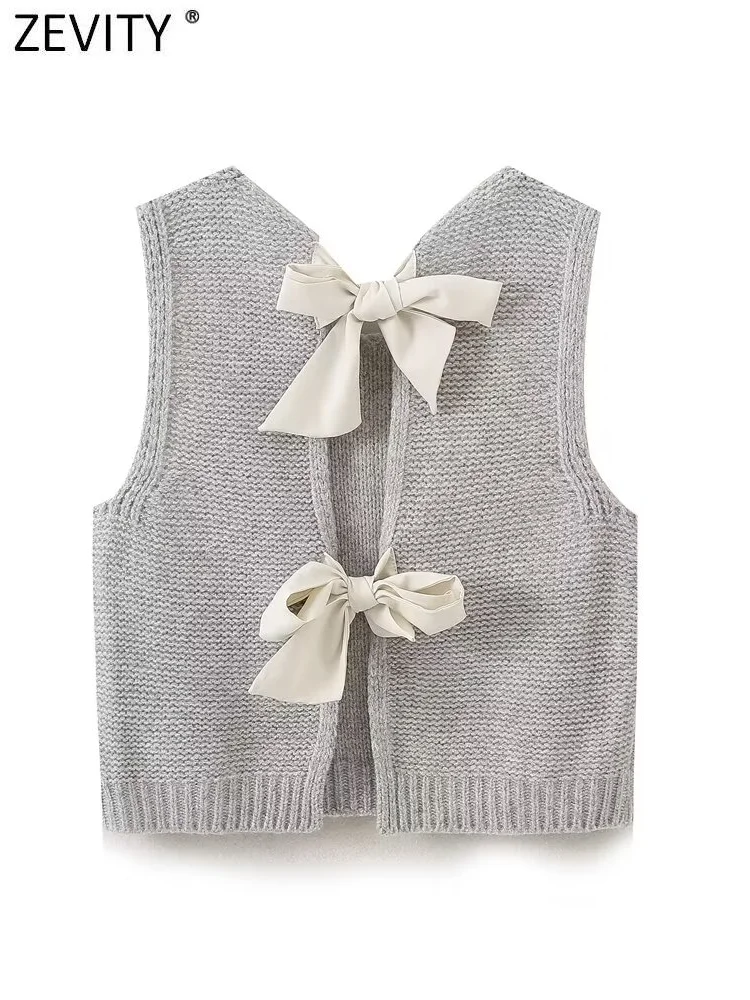 Zevity New Women Fashion Sleeveless Back Bow Tied Design Short Knitting Vest Sweater Female Chic Waistcoat Pullovers Tops CT6257