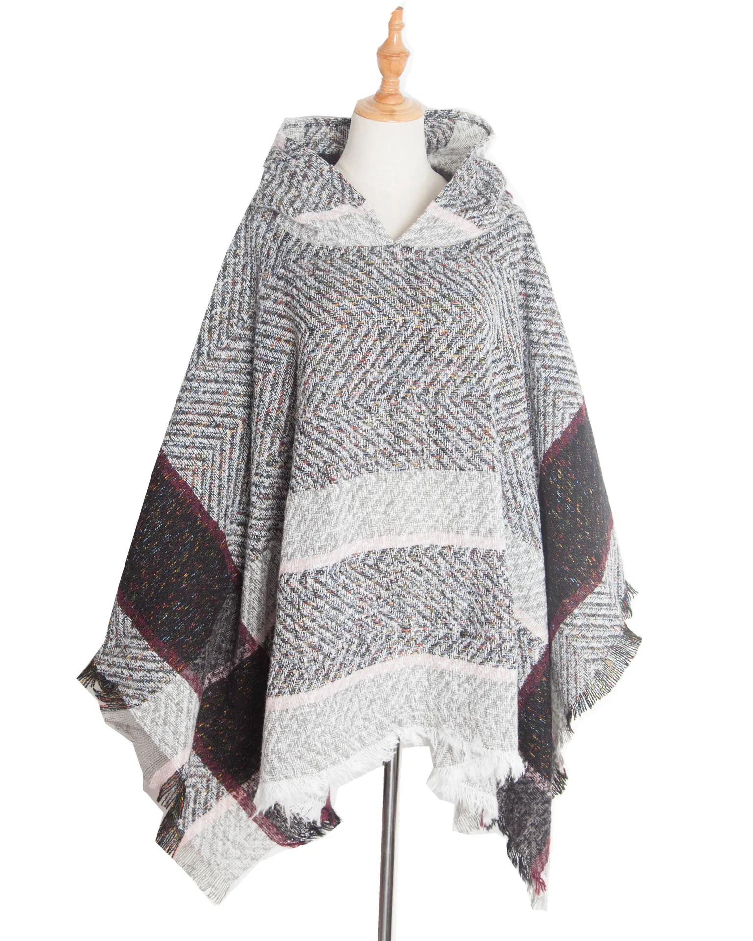 

New Autumn Winter Fishbone Pattern Women's Hooded Cape Pullover Cape Women Poncho Lady Capes Gray Cloaks