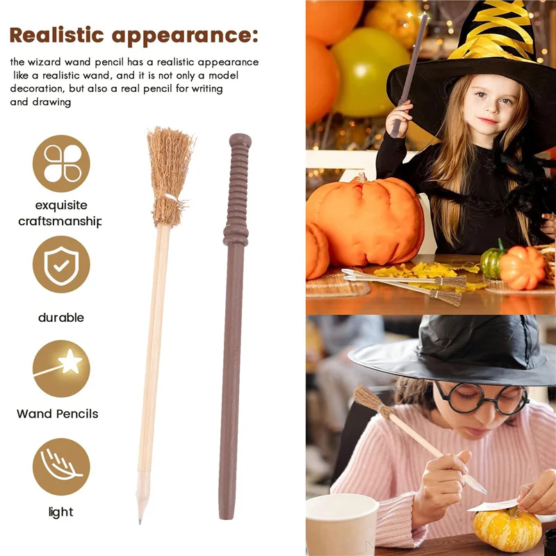 

B59A 90 Pack Witch Broom Pencils And Wands Round Frame Pencils And Glasses No Lens, Witch Wand Theme Party Supplies