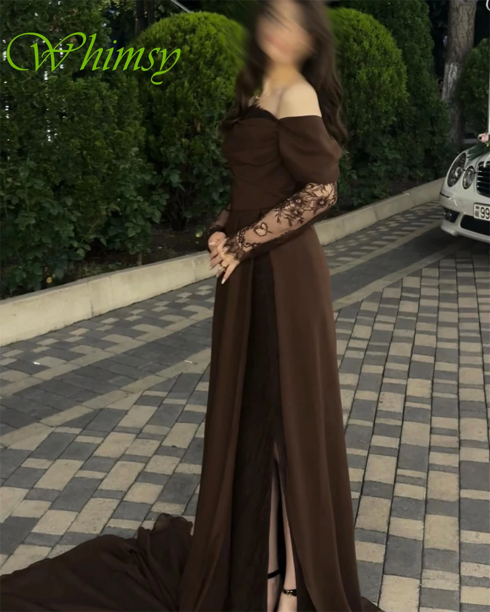Customized Exquisite Off the Shoulder Long Sleeves Evening Dress Temperament Chapel Train Prom Dresses Delicate Lace Party Gowns