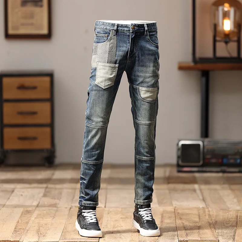 

Motorcycle Jeans Men's Stitching Patchwork Slim Fit Light Straight-Leg Trendy Men's Clothing Pu Shuai Personality Trousers