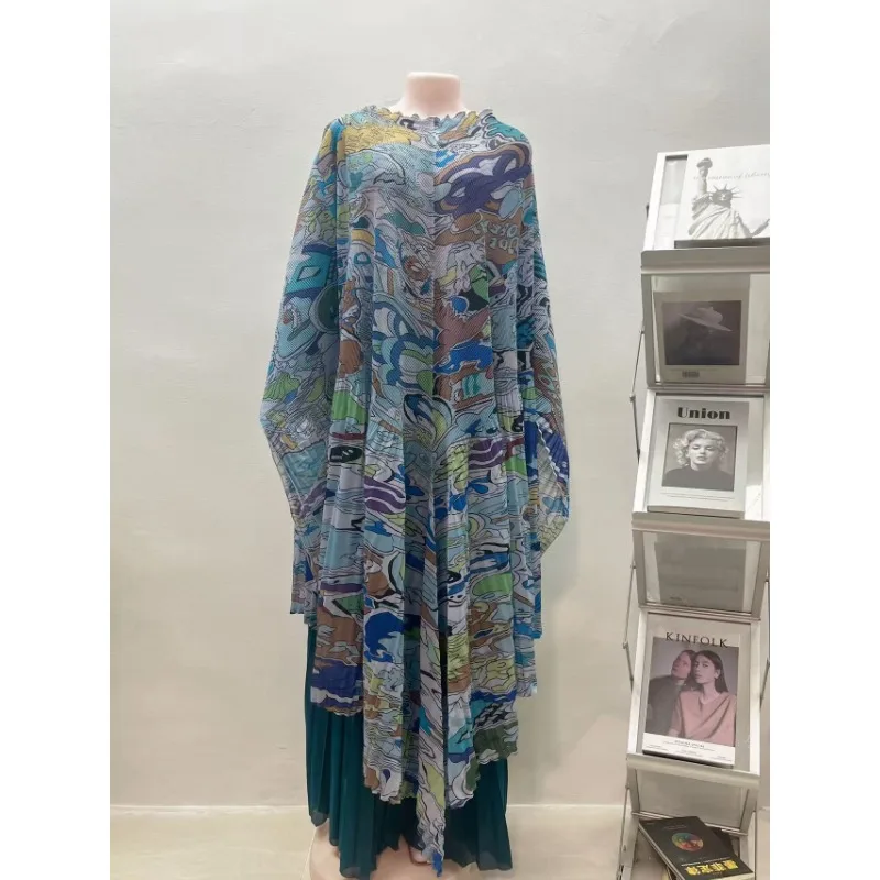 African Plus Size Women's Miyake Pleated Printed Swing Top Bat Sleeve Shawl Wide Leg Straight Pants 2 Piece Middle East Prom view 6