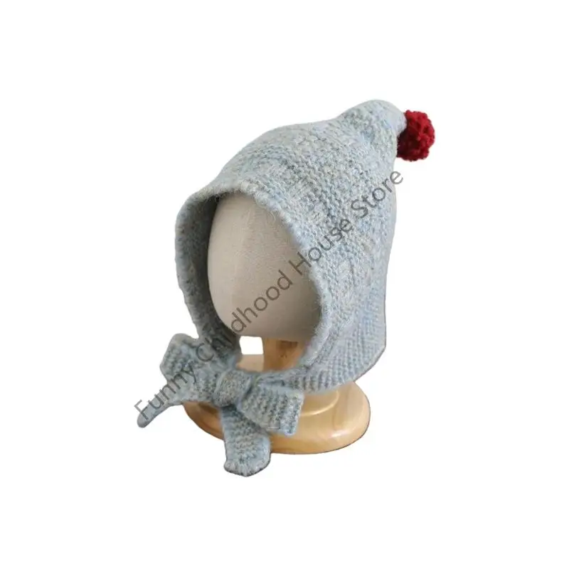 

D0LA Adjustable Knit Ear Flap Hat With Soft Pompoms Warm Winter Headwear Warm Baby Tie Closure for Baby 0 to 2 Years