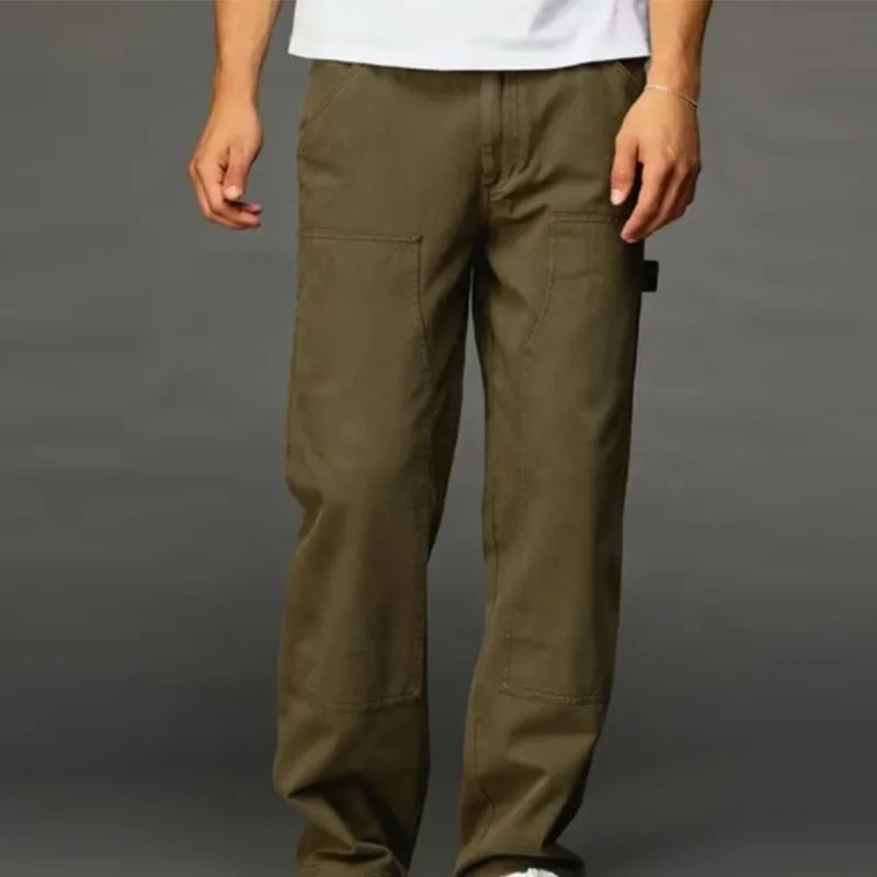 Washed Heavyweight Cotton Work Trousers Men's Spring Autumn Loose Straight Leg Cargo Pants Multi Pockets Workwear Casual