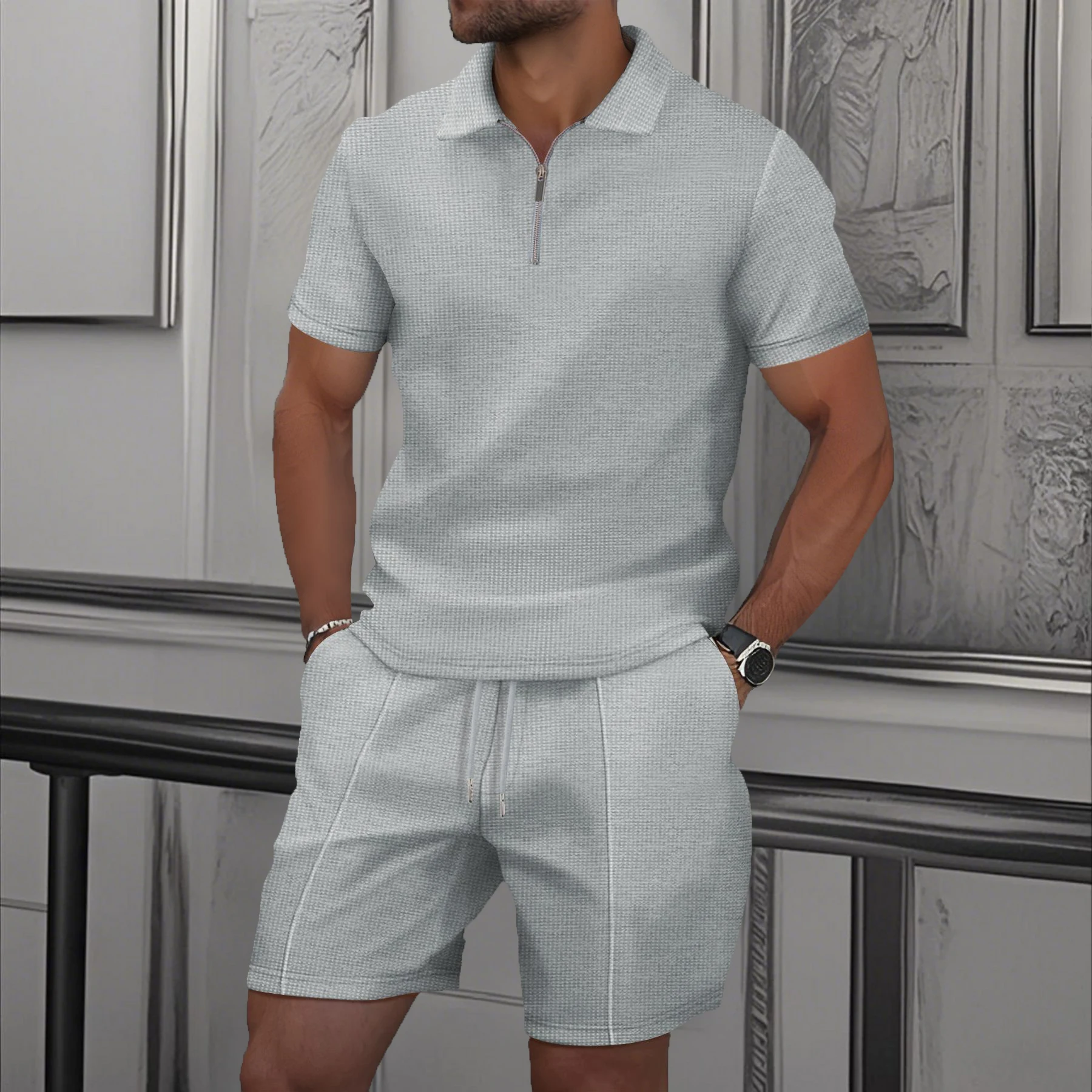 2025 Men's American European Summer Waffle fabric solid color zipper short sleeve set shorts two sets in a variety of colors